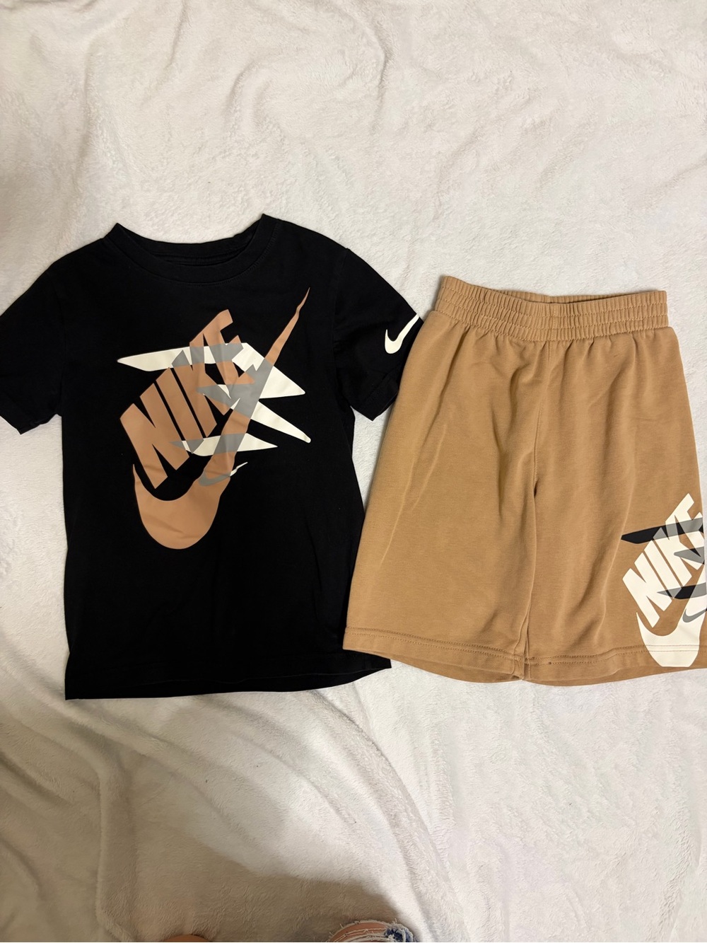 Nike Black Tee with Tan Logo & Tan Kids Shorts